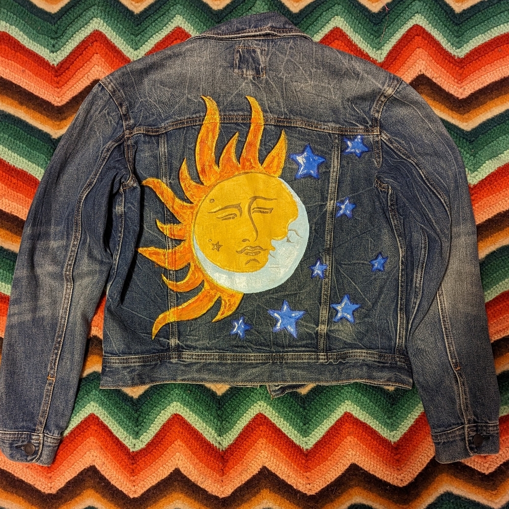 Hand painted celestial Moon Star and sun jean denim american eagle XS jacket